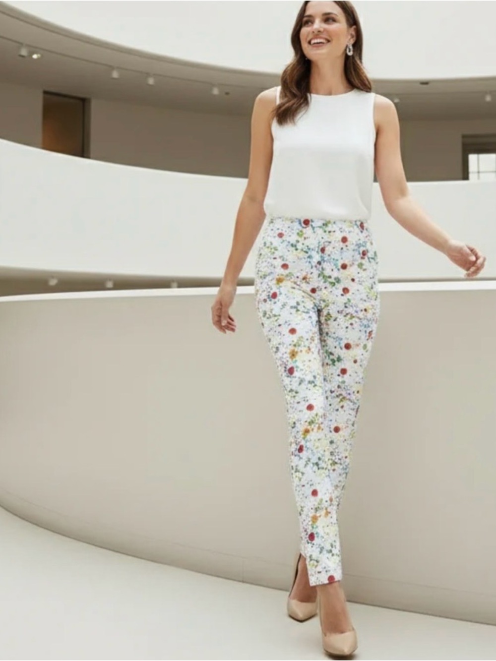 Slim Floral Ankle Pants in White Multicolor Splatter Print P507